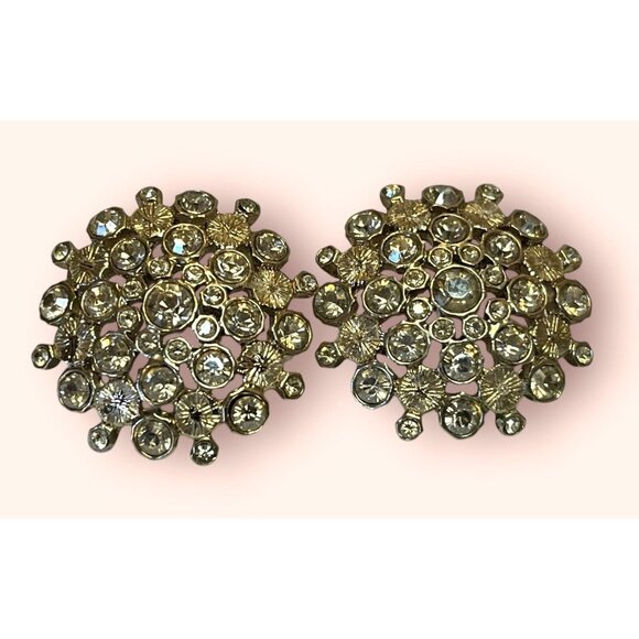 Vintage Signed Givenchy Yellow Rhinestone Earrings Starburst Round Pierced - Picture 3 of 7